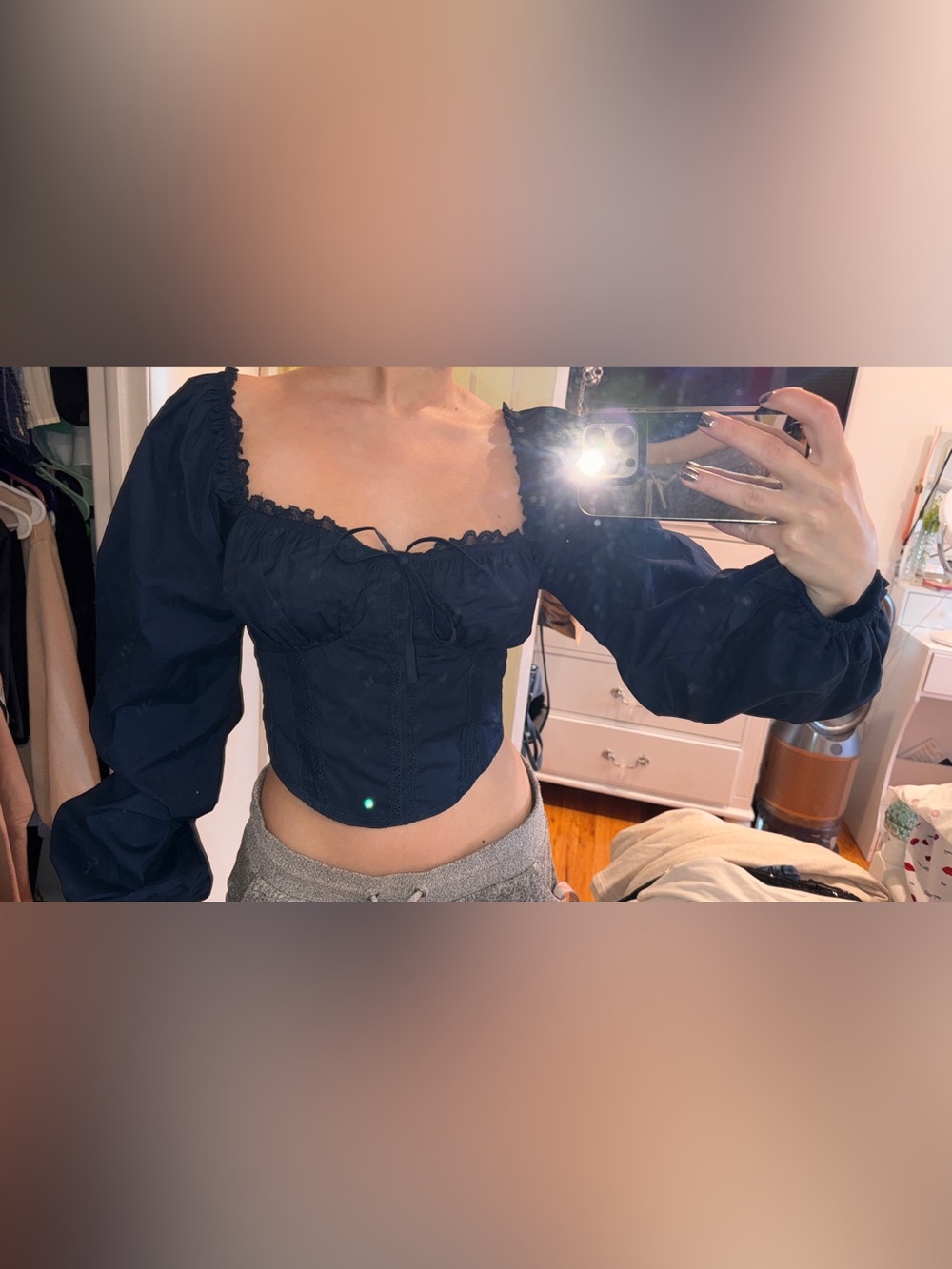 Le Lis navy Lace-Trim corset balloon sleeves - Picture 1 of 5